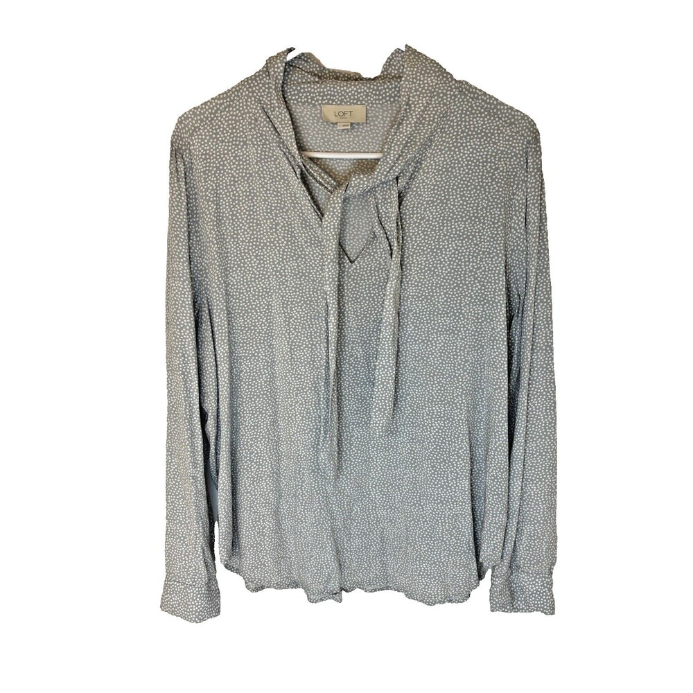ANN TAYLOR LOFT Bow Tie  Gray White blouse Women’s Size Large Business Casual
